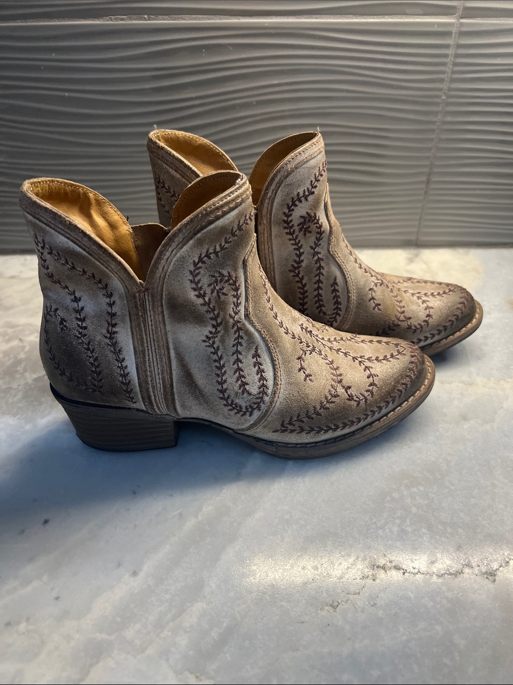 Women's Taupe Embroidered Suede Western Ankle Booties